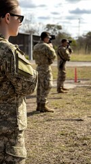 Fototapeta premium Female soldier wearing sunglasses standing in line with military unit outdoors