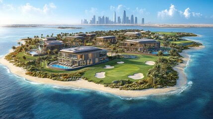 Fototapeta premium Luxurious island resort with golf course and city skyline backdrop.