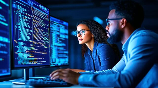 A focused moment as two programmers collaborate, typing on keyboards in a high-tech office environment. The bright, contrasting colors of their clothing stand out against the clean
