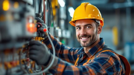 portrait of a electrician in a helmet, electrician engineer with yellow helmet at the workstation, electrician worker doing a work