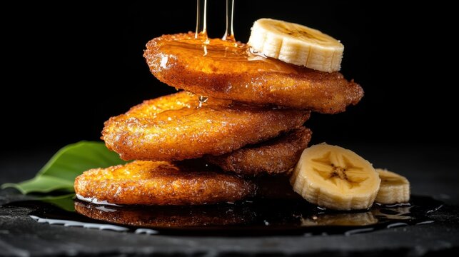 Delicious crispy deep-fried banana fritters drizzled with honey - perfect for food photography and culinary blogs