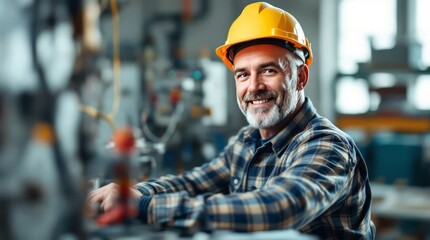 portrait of a electrician in a helmet, electrician engineer with yellow helmet at the workstation, electrician worker doing a work