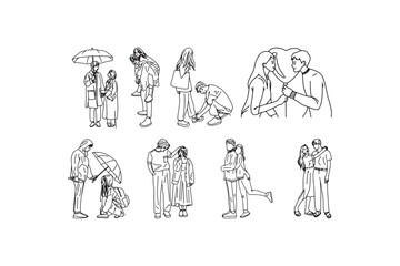 Collection of young and adults in different poses in simple line art style