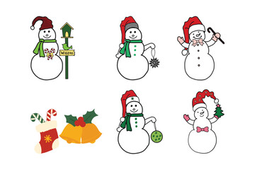 Set of different snowmen and Christmas socks with candies, golden bell, and green leaves