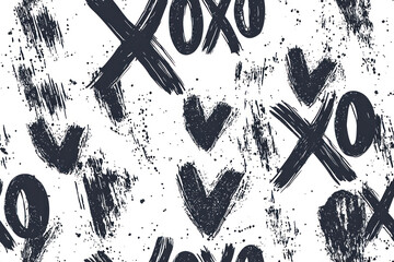 XOXO brush lettering signs seamless pattern, Grunge calligraphic hugs and kisses Phrase.