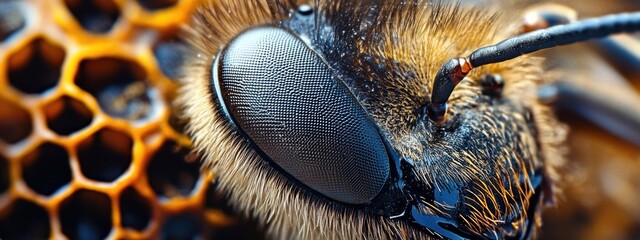 Bee's Eye Close-Up, intricate hexagonal patterns, tiny facial hairs, showcasing the complexity of nature's design, vibrant colors and textures