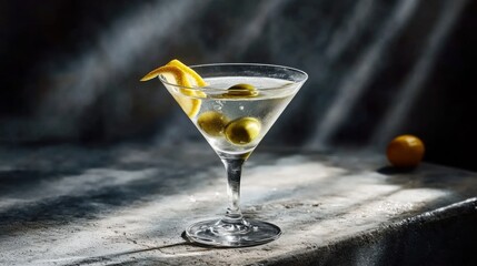 Elegant martini with olives in sunlit setting for food photography