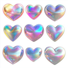 3d holographic hearts in y2k style set isolated on a white background