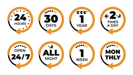 Animated time icons that visually represent various timeframes and special promotional events and time cycles. Orange black round time icons. Open 24 hours, month, year, week cycle