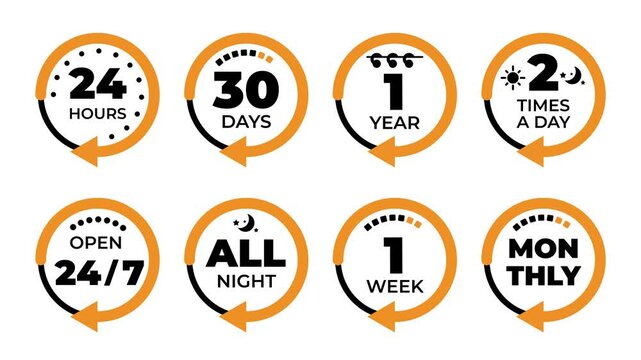 Animated time icons that visually represent various timeframes and special promotional events and time cycles. Orange black round time icons. Open 24 hours, month, year, week cycle