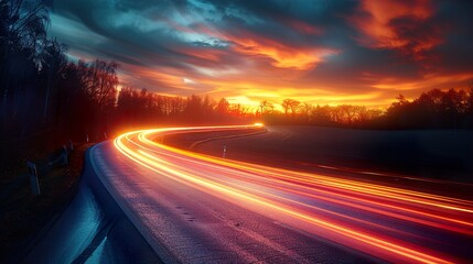 Obraz premium Stunning Sunset Landscape with Long Exposure Car Lights on Winding Road
