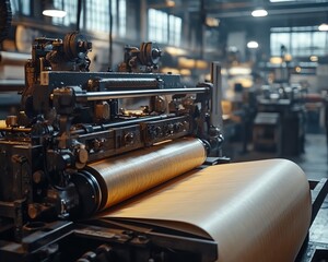 Fototapeta premium Closeup view of industrial machinery producing paperboard in a bustling factory, highlighting the intricate details of the manufacturing process