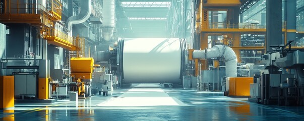 Dynamic scene of a paperboard manufacturing facility, featuring advanced industrial machinery and the production process in action