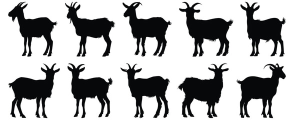 Goat silhouettes set, animal pack of vector silhouette design, isolated background
