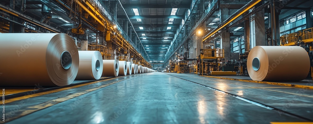 Poster industrial factory setting with machinery dedicated to paperboard production, emphasizing the scale 