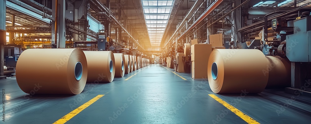 Aufkleber industrial factory setting with machinery dedicated to paperboard production, emphasizing the scale 