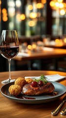 Gourmet dining experience: roasted duck breast with cherry sauce and red wine in a cozy ambiance