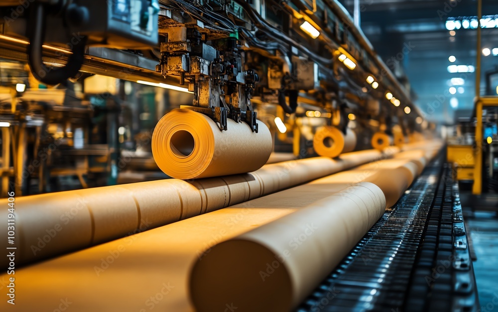 Poster industrial paperboard production line showcasing advanced machinery in action, emphasizing the effic