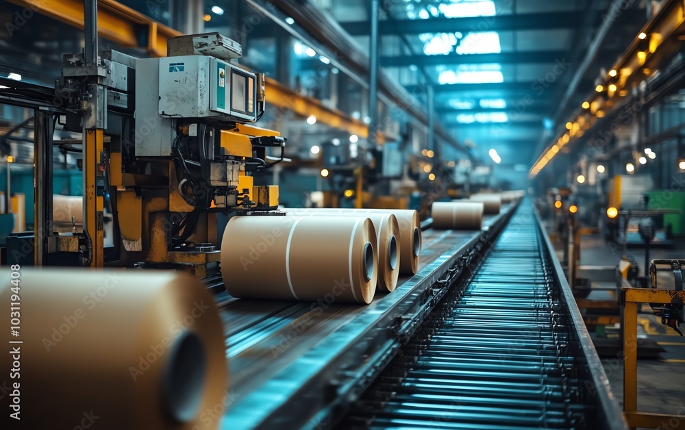 Poster industrial paperboard production line showcasing advanced machinery in action, emphasizing the effic
