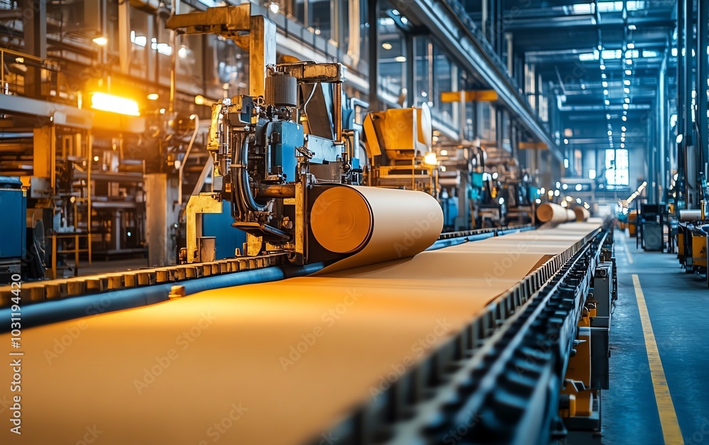 Poster industrial paperboard production line showcasing advanced machinery in action, emphasizing the effic