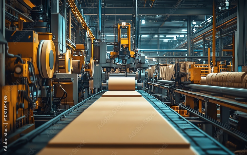 Poster industrial paperboard production line showcasing advanced machinery in action, emphasizing the effic