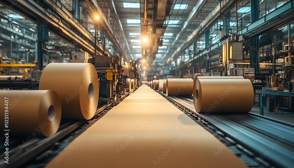 Poster inside a paperboard factory, machinery efficiently producing paperboard sheets, illustrating the mec