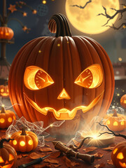 Halloween Spooky Glowing Pumpkin in Haunted Forest Graveyard Scary Night Scene with Ghost Autumn Horror Atmosphere Eerie Moonlit Cemetery