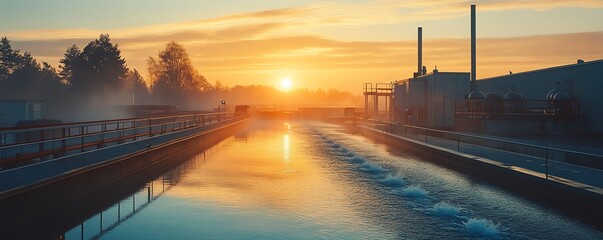 Picturesque sunrise over a modern water treatment facility, showcasing industrial architecture and the concept of water treatment innovation