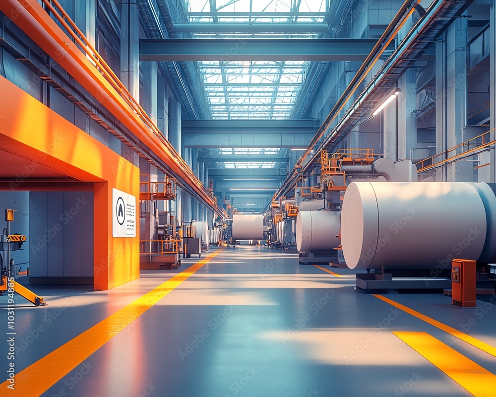 Poster vibrant factory setting with large industrial machines producing paperboard, illustrating the scale 