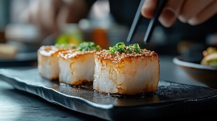 Gourmet miso-glazed black cod appetizer for culinary arts and food blogging