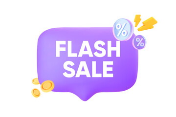 Speech bubble with the inscription Flash Sale, featuring a holographic percent sign and coins. Vector illustration.