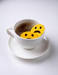 Emotion emojis on coffee cup, isolated on white background.
