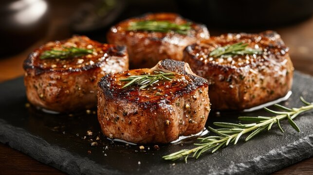 Herb-crusted lamb chops on slate platter for gourmet culinary presentation