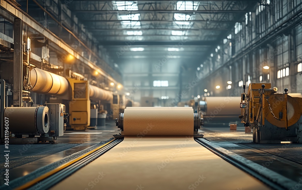 Poster industrial paperboard production line showcasing advanced machinery in action, emphasizing the effic