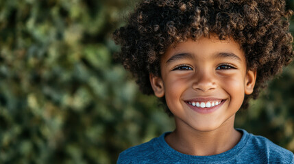 Smiling boy with curly hair enjoying sunny day outdoors