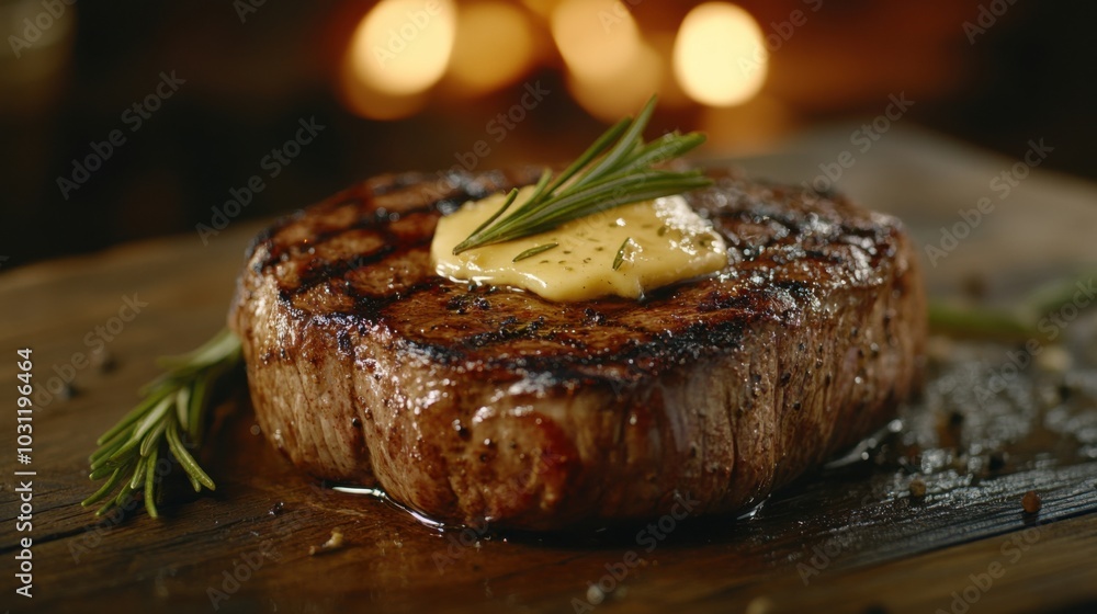 Wall mural juicy grilled steak with rosemary and garlic for food photography and culinary design