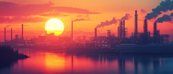 Obraz premium Vibrant sunrise illuminating the structures of a water treatment plant, representing the fusion of industry and environmental stewardship