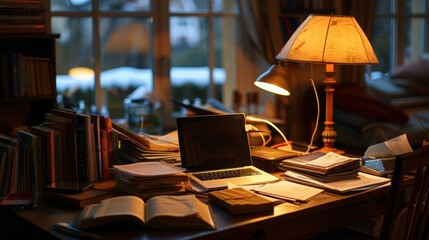 A desk lamp illuminates a cluttered desk with a laptop, stacks of books, and papers. It's a cozy workspace, perfect for studying or working late at night.