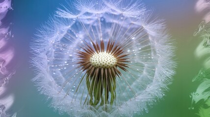 Close-up of dandelion seed head with dewdrops and rainbow in background