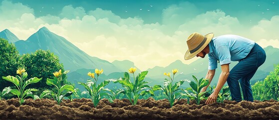Vibrant scene of a farmer with a widebrimmed hat nurturing young crops in fertile soil, representing growth and sustainable agricultural methods