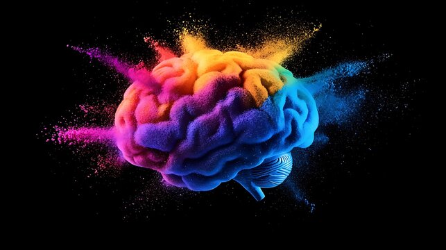 Colorful exploding brain concept symbolizing creativity, innovation, and imagination with vibrant splashes of color representing cognitive energy and artistic vision.
