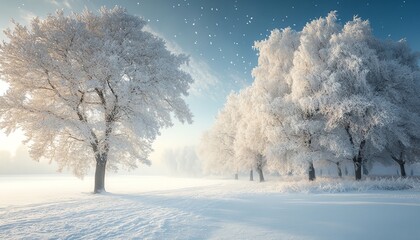 A picturesque snowy scene with trees heavy with snow, ice flakes glittering in the air, and a cold wind gently sweeping across the winter landscape