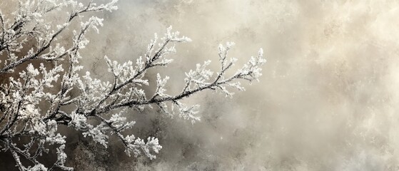 Obraz premium A closeup view of frostcovered branches, with delicate snowflakes resting on them, capturing the beauty of winters chill and the whispering winds