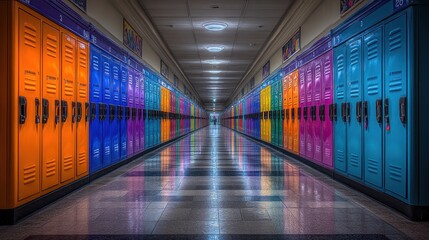 Fototapeta premium Colorful school hallway lined with lockers reflecting light.
