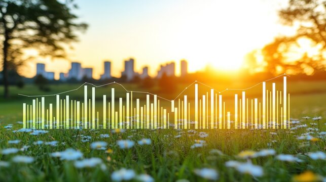 Green grass with a sunset over a city, overlaid with bar graphs, signifying growth and sustainability.