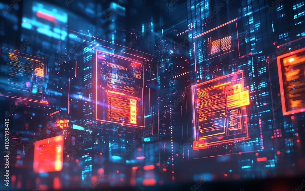 Poster Artistic representation of a hologram showing a document management system with files and bright checkmarks