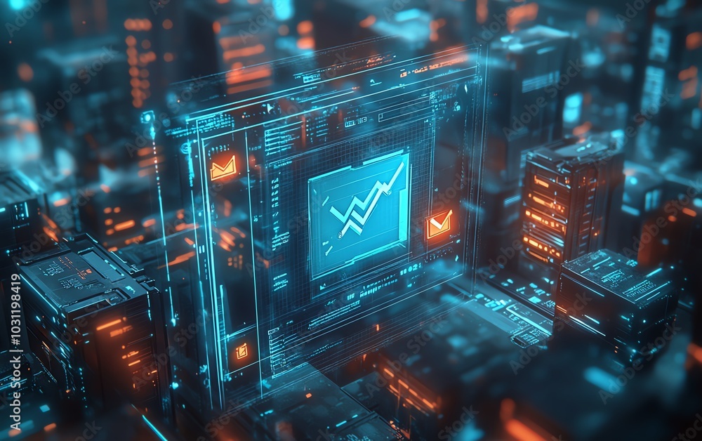 Poster Artistic representation of a hologram showing a document management system with files and bright checkmarks