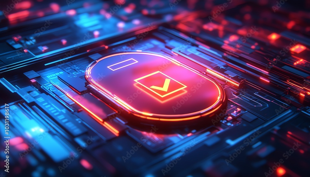 Poster Closeup of a holographic display of a document management system with files and glowing checkmarks