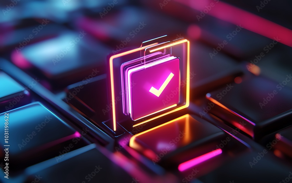 Poster Closeup of a holographic document management system with floating files and illuminated checkmarks