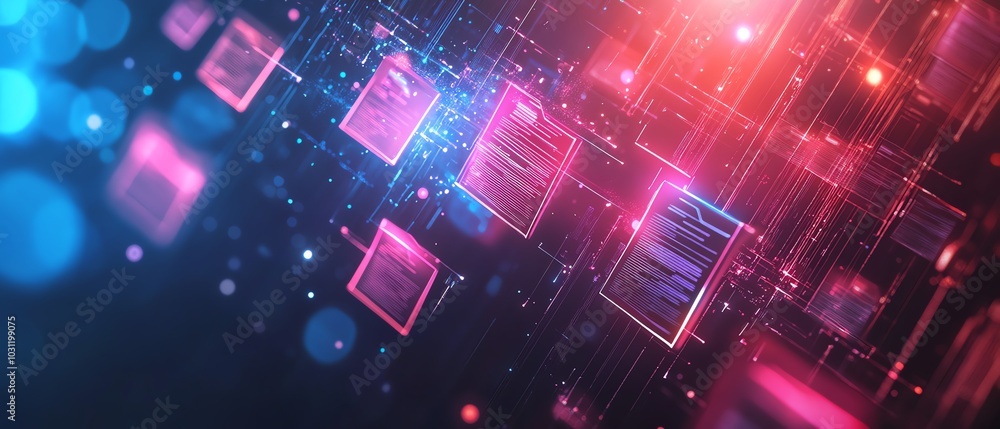 Poster Dynamic image of a holographic document management system with floating files and bright checkmarks